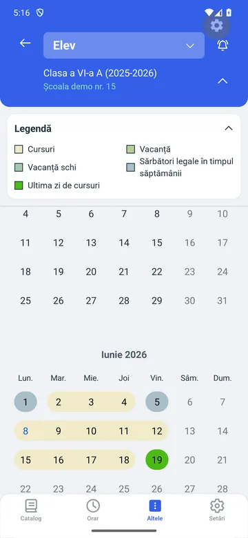 Calendarul anului școlar în aplicația pentru elevi