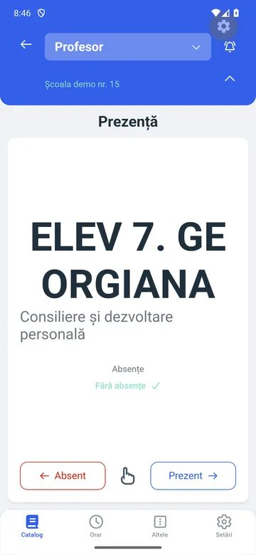 Ecranul de prezență din aplicația pentru profesori
